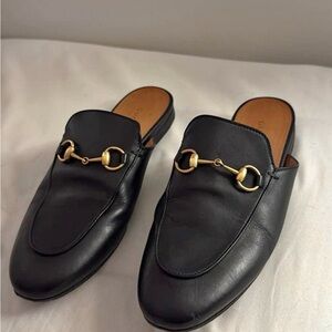 Gucci Princeton Black Leather Mules with Gold Horsebit Accent